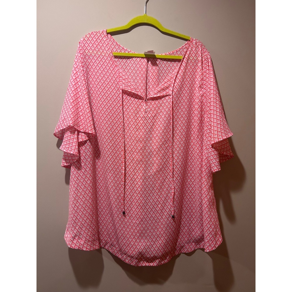 Women's Plus Size 3x Flutter Short Sleeve Pink Tie Neck Stylus Peasant Flowy Top